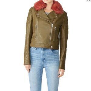 Samantha Sipos Faux Fur Biker Leather Jacket Green Pink Size Small S